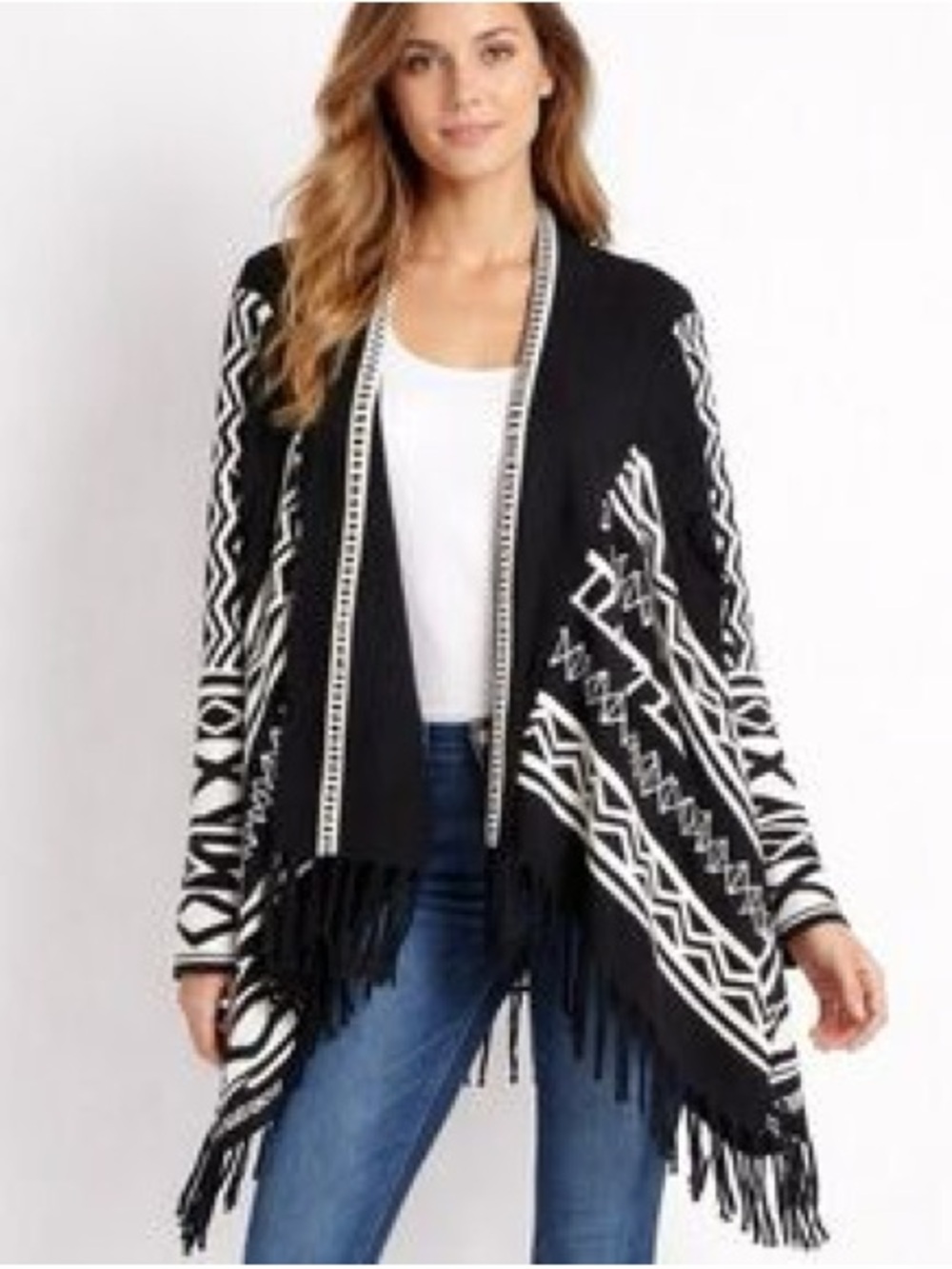Chico's Black & White Fringe Open-Front Knit Cardigan Ranch Western XL EUC *E*